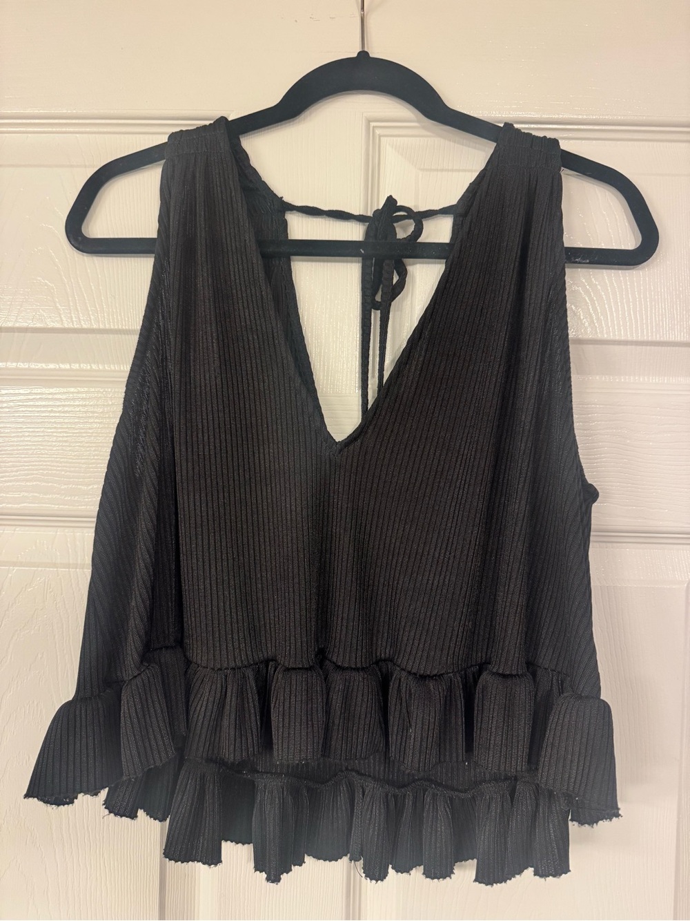 Free People Black Ribbed V-Neck Ruffle-Hem Tank with Tie Back